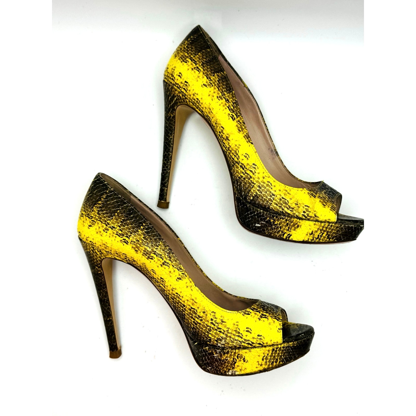 Miu Miu Yellow Python Print Leather Peep Toe Pumps Women’s Heels Size Eu 37